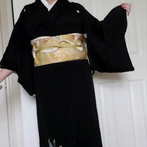 Stunning gold embroidered obi with flower carts, pine, and plum blossoms